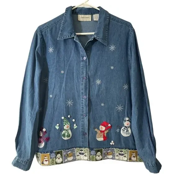 Vintage 90’s Lemon Grass Christmas Denim Shirt Top Snowman Sz Large - Picture 5 of 8